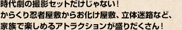 時代劇の撮影セットだけじゃない！からくり忍者屋敷からお化け屋敷、立体迷路など、家族で楽しめるアトラクションが盛りだくさん！