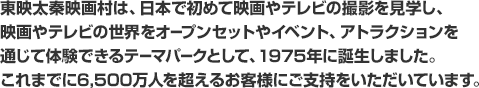 東映太秦映画村は、日本で初めて時代劇撮影を見学し、時代劇の世界をオープンセットやイベント、アトラクションを通じて体験できるテーマパークとして、1975年に誕生しました。これまでに6,000万人を超えるお客様にご支持をいただいています。